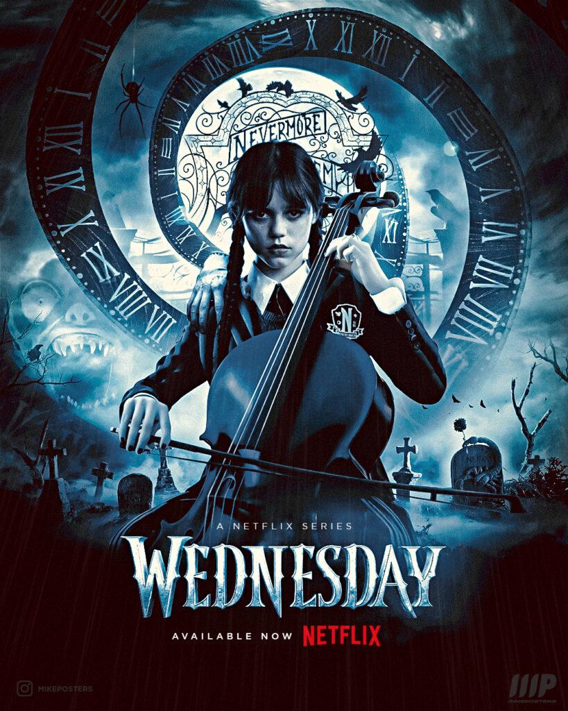 Wednesday Addams in her iconic black dress solving crimes. Witchy show on Netflix